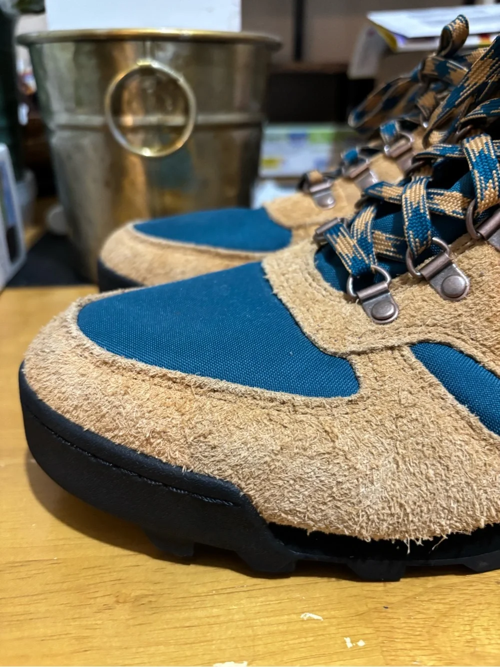 New Balance Rainier Men's Tan Suede & Teal Hiking Sneakers
